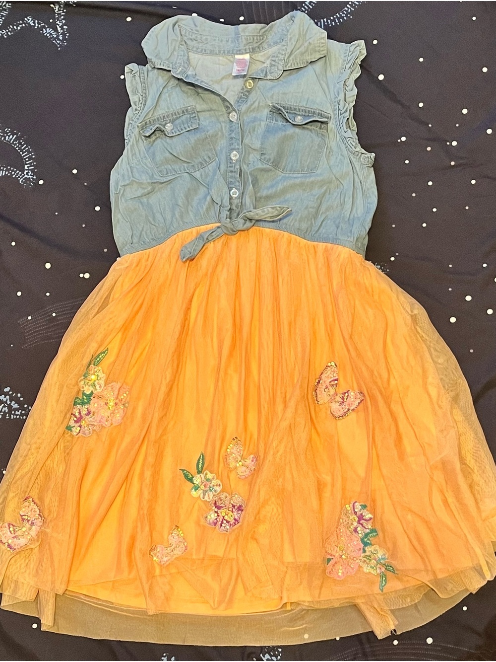 Girls 14/16 Justice Tulle Skirt Dress with Chambray Tie-Front Jean Top butterfly
